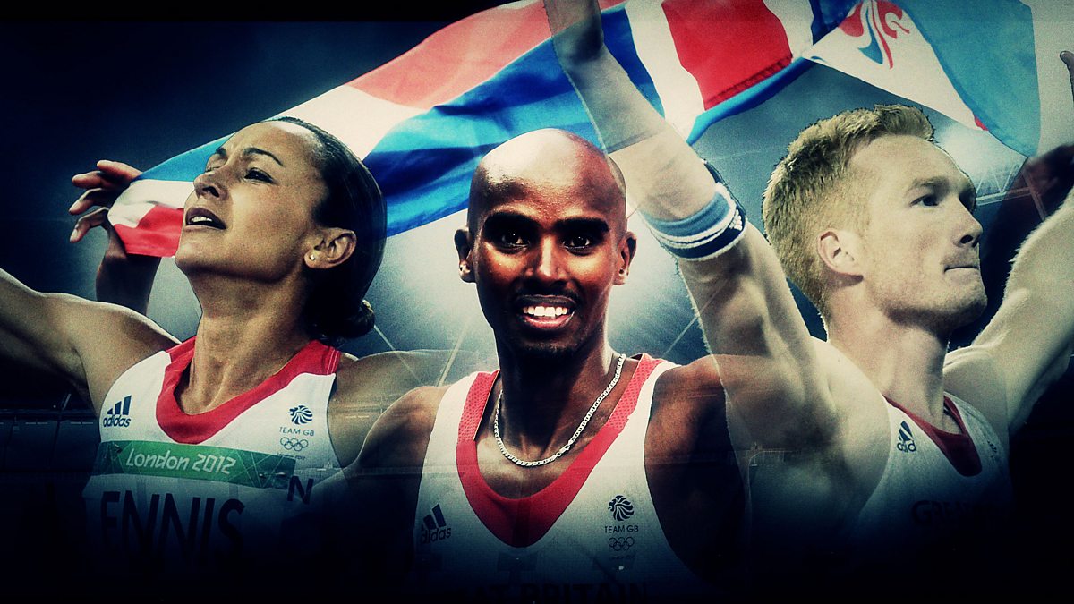 A montage of Team GB London 2012 champions Jessica Ennis, Mo Farah and Greg Rutherford with Union Jacks.