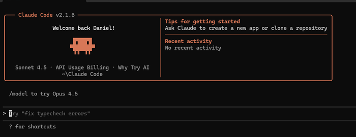 A screenshot of the Claude Code terminal showing a “Welcome back” start screen with tips for getting started.