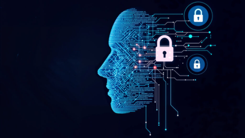 A glowing blue circuit-board profile of a human head wired to padlock icons on a dark background.
