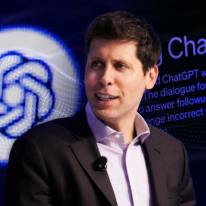OpenAI’s Sam Altman speaking in front of a screen showing the ChatGPT logo and launch text.