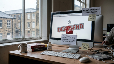 A computer running flash application with sticky notes on the montior saying rest in peace.