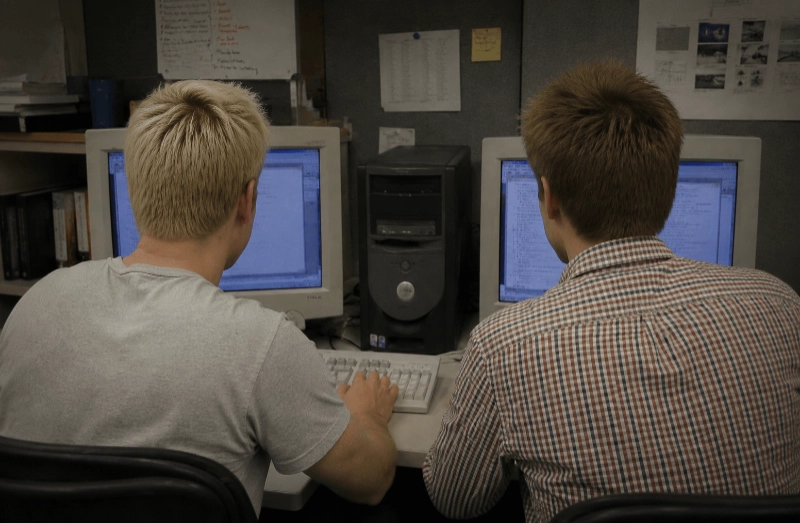 Photo of James and Greg working on laptops in a small office with a whiteboard behind them.