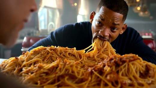 A surreal AI-generated image of Will Smith eating a giant mound of spaghetti.