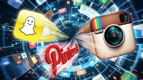 The Snapchat, Pinterest and Instagram logos flying out of a digital vortex of app icons.