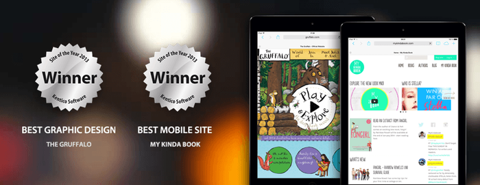 A Kentico “Site of the Year 2013 Winner” banner showing two award badges beside tablets displaying the Gruffalo and My Kinda Book websites.