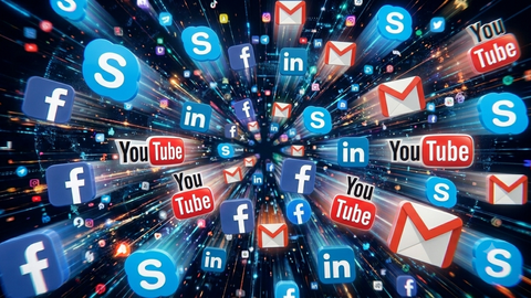 An explosion of social and tech app icons - YouTube, LinkedIn, Facebook and more - bursting outward.