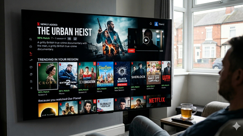 A widescreen TV showing a Netflix-style streaming grid of recommended titles in a living room.