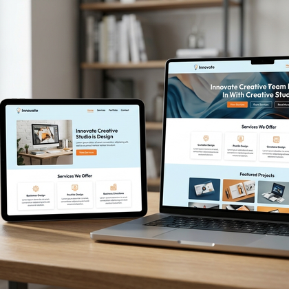 A responsive agency website shown across a phone, laptop and desktop on a desk.