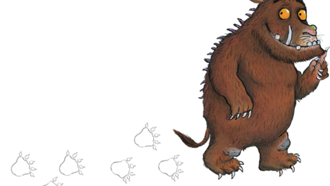 An illustration of the Gruffalo from the childrens book following a trail of mouse footprints across a white background.