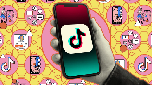 A hand holding a phone displaying the TikTok logo against a patterned collage of TikTok clips.