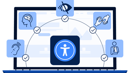 An illustration of a laptop with the accessibility person icon surrounded by vision, hearing and mobility symbols.