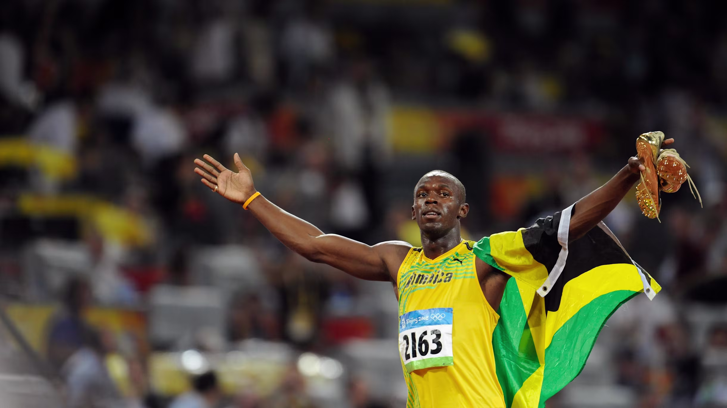 Usain Bolt celebrates his record breaking 2008 Olympics